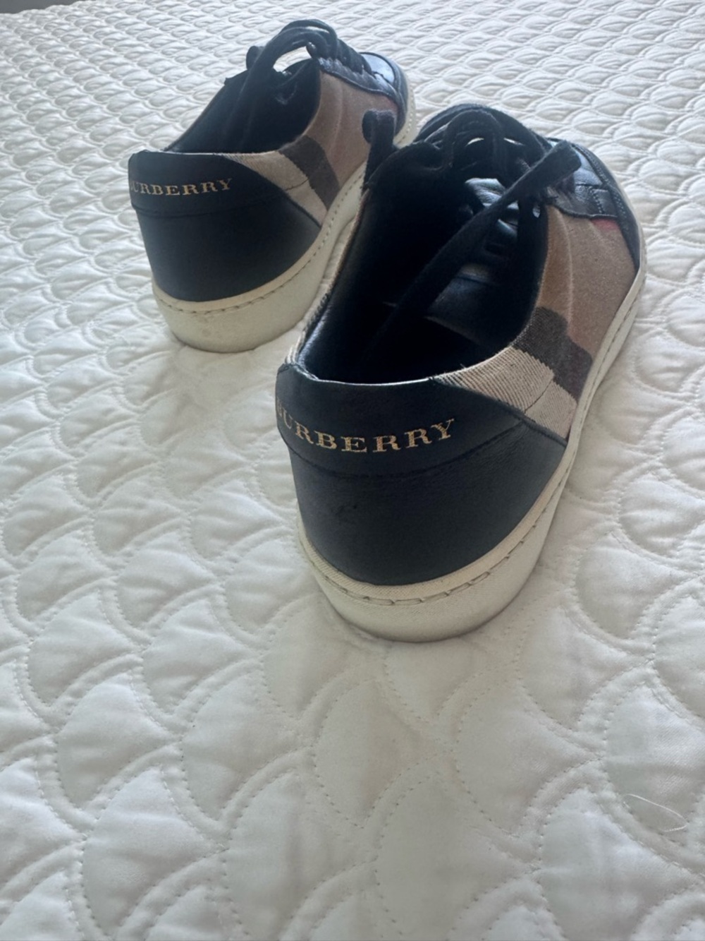 Burberry Black Leather & Tan Plaid Low-Top Sneakers - Picture 3 of 3